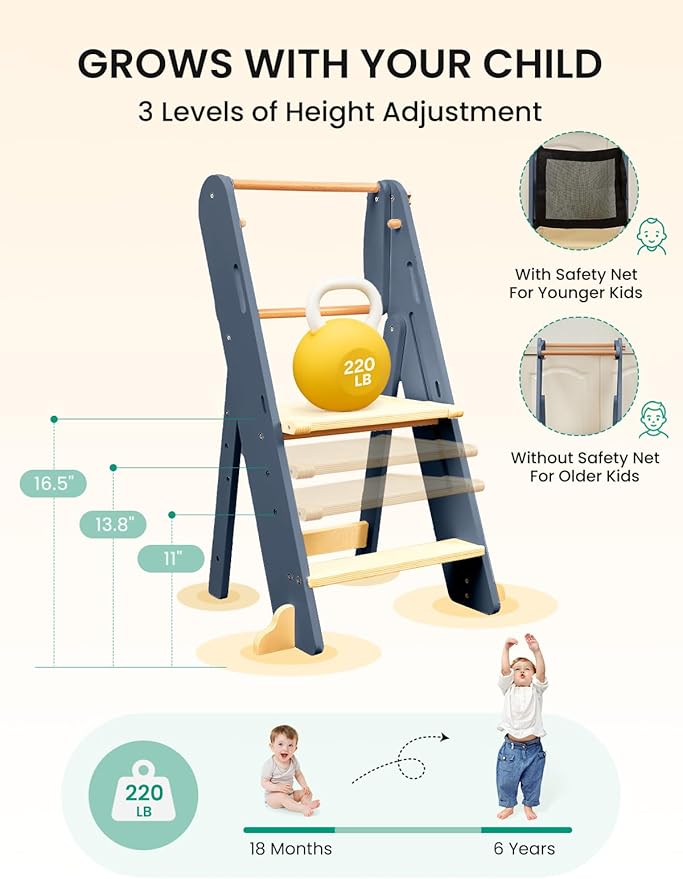 GROWNSY Foldable Step Stool Toddler Tower, Toddler Kitchen Stool Helper, Collapsible Kids Standing Tower with 3 Adjustable Heights and Safety Net for Kitchen Bathroom Sink Counter (Blue Gray)