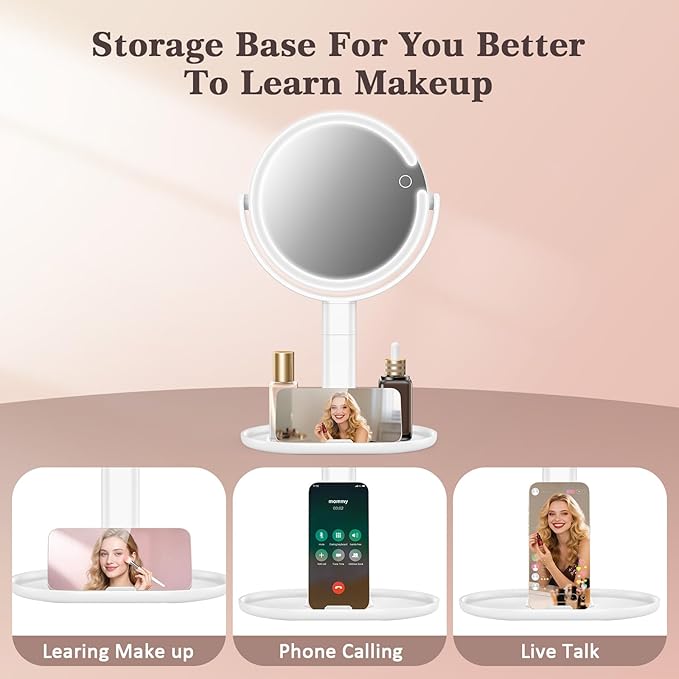15X/1X Makeup Mirror with Lights, 4000mAh Vanity Mirror with 3 Lighting and Adjustable Brightness, 2-Sided Height Adjustable Lighted Magnifying Mirror, Make Up Mirror Gifts for Elder Women
