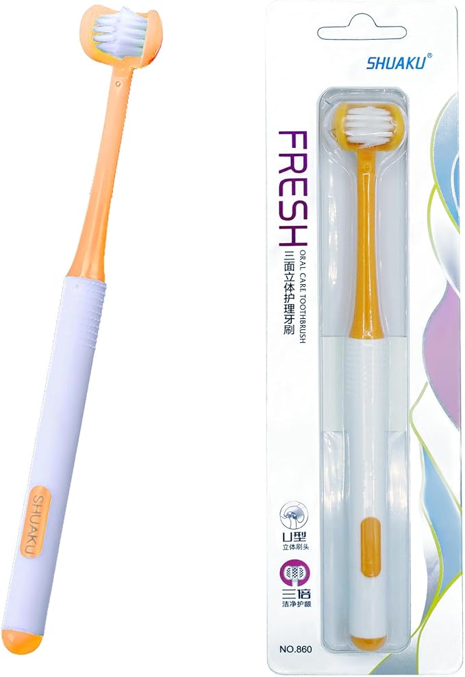 3 Sided Autism Toothbrush Three Bristles for Special Needs Adult Soft Bristles Soft and Gentle for Complete Tooth and Gum Care (Orange 1PCS)