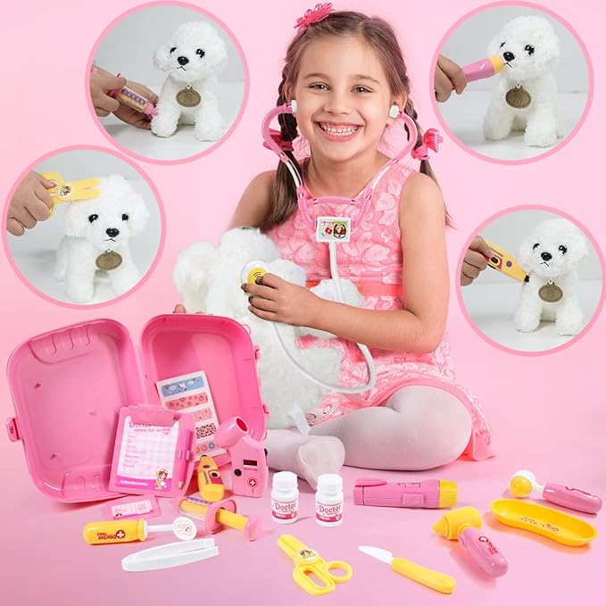 Meland Toy Doctor Kit for Girls - Pretend Play Doctor Set with Carrying Case,Stethoscope Toy & Dress Up Costume - Doctor Play Set for Girls Toddlers Ages 3 4 5 6 Year Old for Role Play Gift