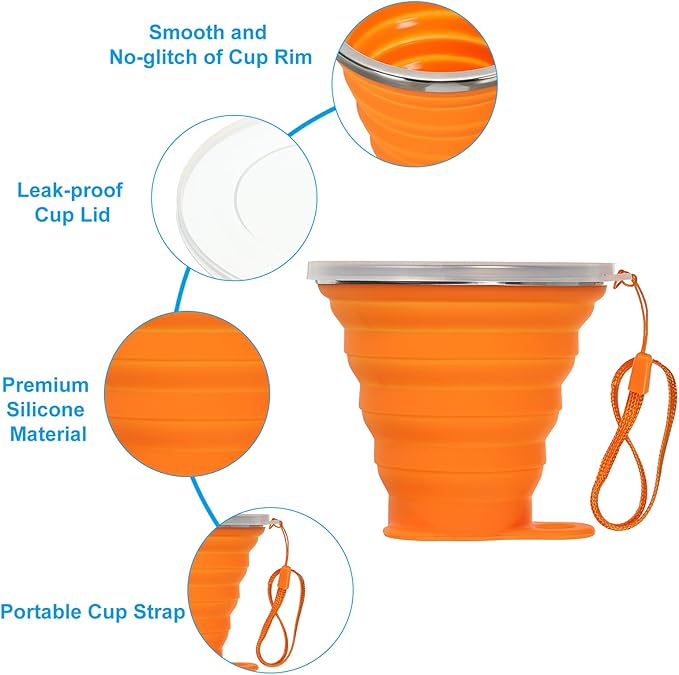 PATIKIL Collapsible Travel Cup, 2 Pack 270mL Travel Folding Cup with Lid Silicone Portable Drinking Cup for Traveling Camping, Orange