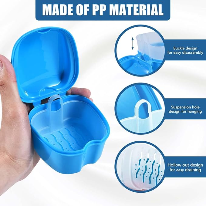 2 Pack Colors Denture Bath Case Cup Box Holder Storage Soak Container with Strainer Basket for Travel Cleaning (Light Blue and Pink)