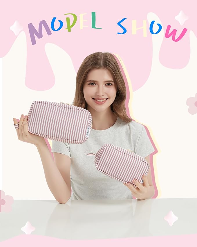 Narwey Cute Makeup Bag Small Toiletry Bag Travel Cosmetic Bag Organizer Make Up Bags with Organized Pockets for Women (Dusty Rose Stripe, Large)