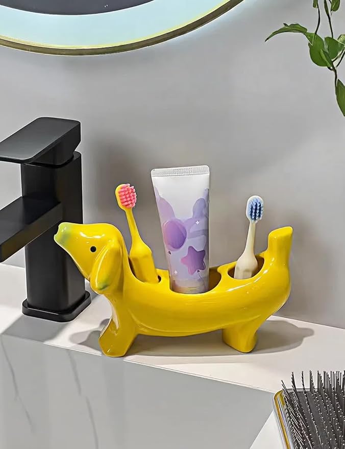 Creative Banana Dog Toothbrush Holder, Ceramic Bathroom Organizer with Toothbrush Stand, Whimsical Countertop Accessories for Bathroom, Novelty Home Decor