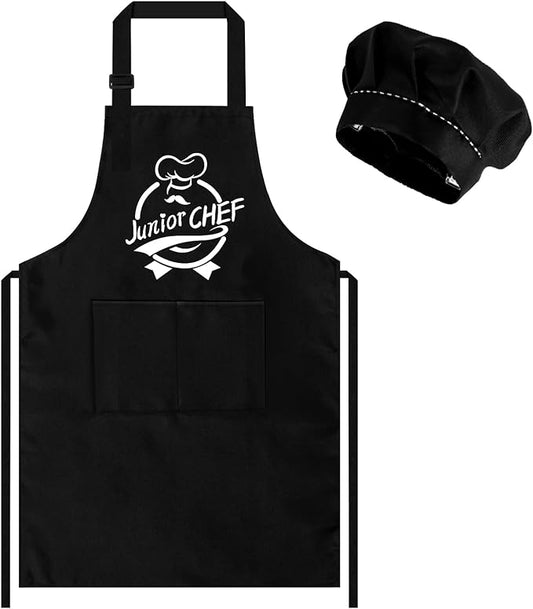 Kids Apron and Chef Hat Set, “Junior CHEF” Adjustable Funny Apron Child Kitchen Apron Cooking Baking Painting with 2 Pockets for Boys and Girls