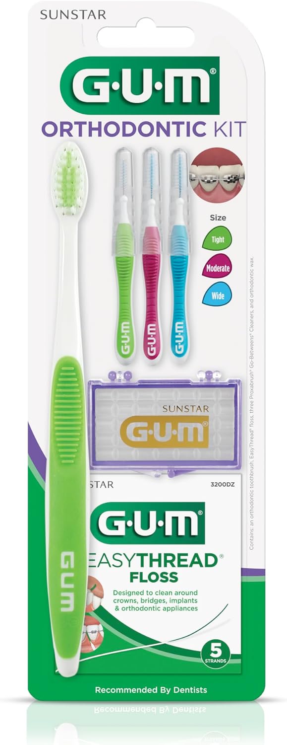 GUM Orthodontic Kit – Features Orthodontic Toothbrush, 3 Proxabrush Sizes and Shred-Resistant EasyThread Floss, and Mint Ortho Wax