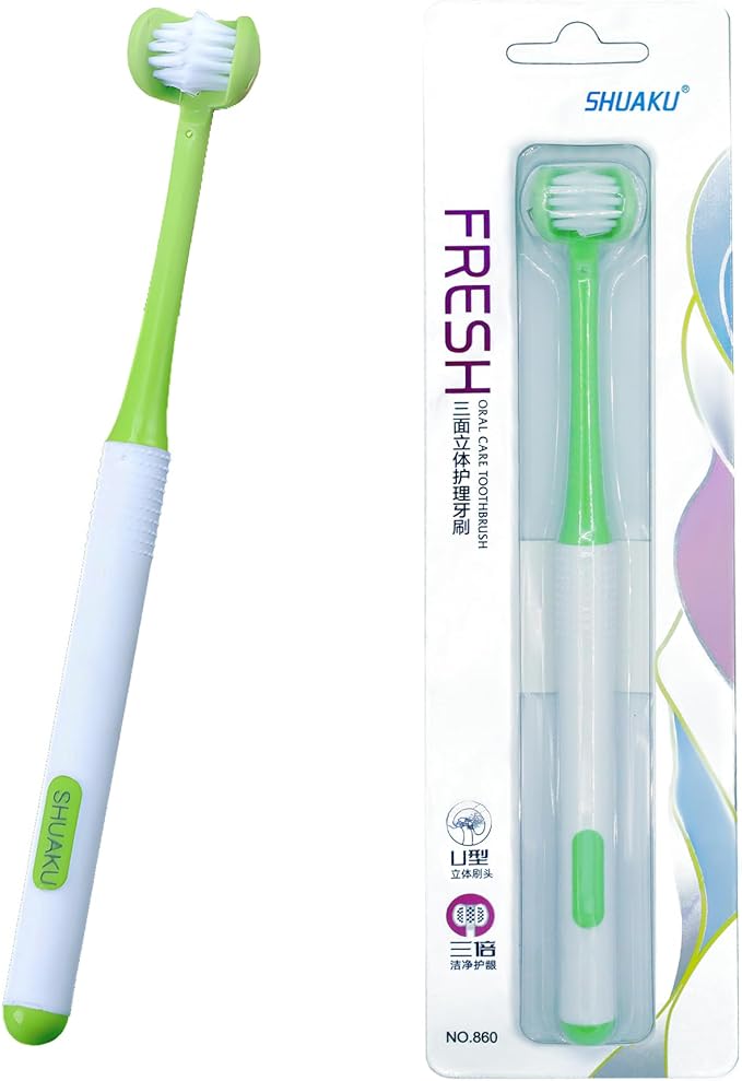 3 Sided Autism Toothbrush Three Bristles for Special Needs Adult Soft Bristles Soft and Gentle for Complete Tooth and Gum Care (Green 1PCS)