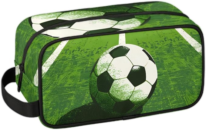 Green Grass Field Soccer Boys Travel Toiletry Bag Waterproof Wash Bag Shower Shaving Bag Cosmetic Organizer Makeup Bag Portable Toiletries Accessories for Women Men Sport Ball