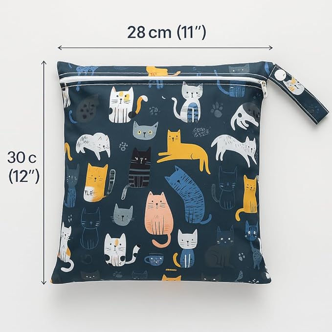 Waterproof Wet Dry Bag, Reusable Diaper Pouch with Zipper, Machine Washable Travel Organizer for Beach, Daycare, Kids, Dinosaur Pattern (Blue Cat)