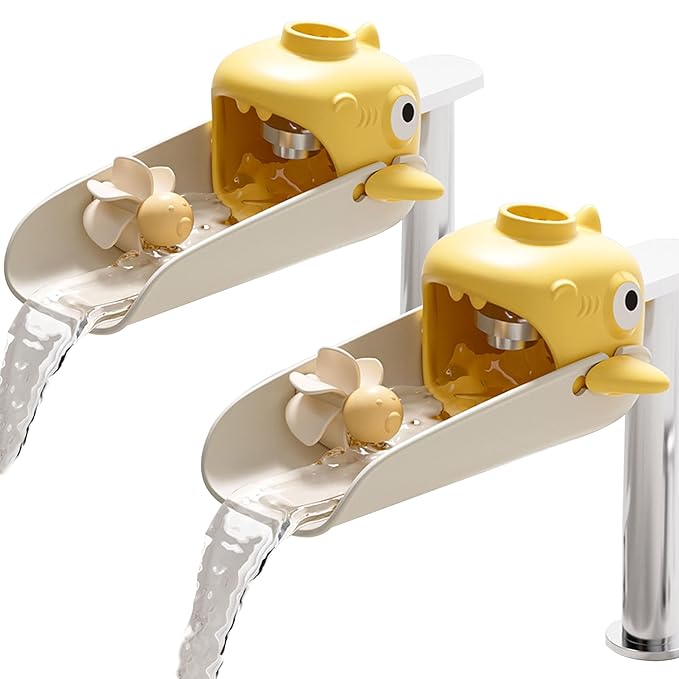 Faucet Extender for Toddlers, 2 Pack Universal Sink Extension with Water Wheel to Kids Fun Hand Washing (Yellow Shark)