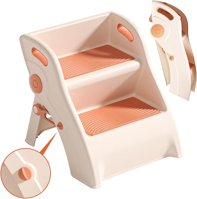 Step Stool for Toddlers – Foldable Toddler Step Stool for Bathroom Sink, 100lbs Load Bearing Non-Slip Kids Stool with Handles and Anti-Tip Design - Potty Training Stool for Ages 2+ (2.Brown)