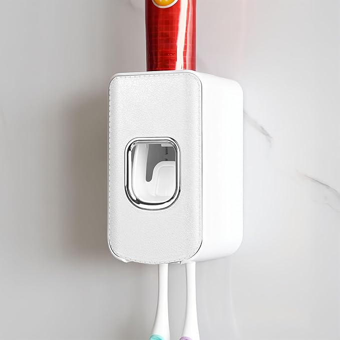 2 Slot Plastic Toothbrush Holder and Toothpaste Dispenser Wall Mounted, Automatic Toothpaste Squeezer, 2 in 1 Tooth Brush Toothpaste Organizer for Shower (White)