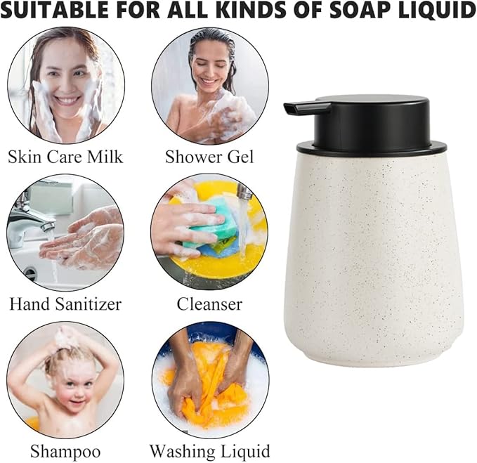 12Oz Ceramic Liquid Soap Dispenser - Modern Lotion Hand Soap Dispenser with Easy-to-Press Black Pump, Reusable and Refillable Dish Soap Dispensers for Bathroom & Kitchen, Speckled Matte Beige