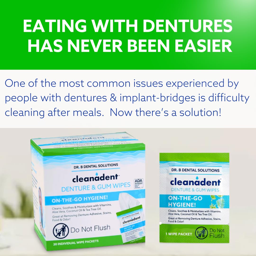 Dr. B Dental Solutions Cleanadent Wipes - Convenient Denture Cleaning Wipes, Refreshes Gums, No Artificial Colors/Flavors - 30 Count