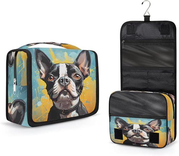 Hanging Toiletry Bag for Women Men Travel Boston Terrier Dog Art Painting Makeup Organizer with Compartments, Waterproof Portable Cosmetic Bag with Hook and Handle
