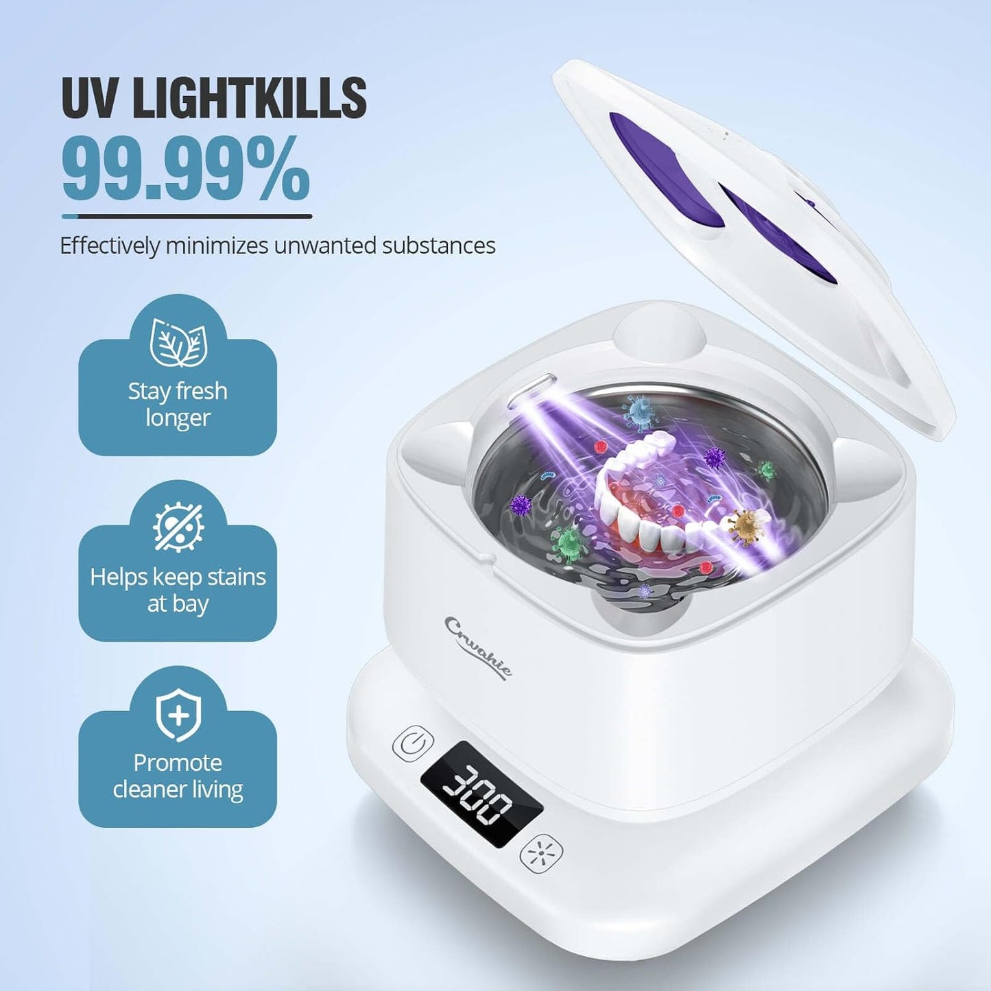 Ultrasonic Retainer Cleaner, Detachable 45kHz Retainer Cleaner Machine 3 Modes Dental Cleaning Pod with Visible Window Digital Timer for Mouth Guard, Dentures, Aligner, Braces, Jewelry - White