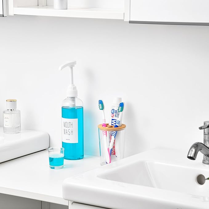 VITVITI Plastic Mouthwash Dispenser for Bathroom, 17 OZ Pump Mouth Wash Container Bottle with Cup, Clear Refillable Mouthwash Dispenser with Labels