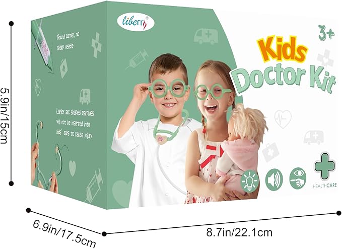 Liberry Doctor Kit for Toddlers 3 4 5 Years Old, 30-Piece Kid Doctor Toy with Stethoscope, Costume, Green Medical Pretend Play for Girls Boys