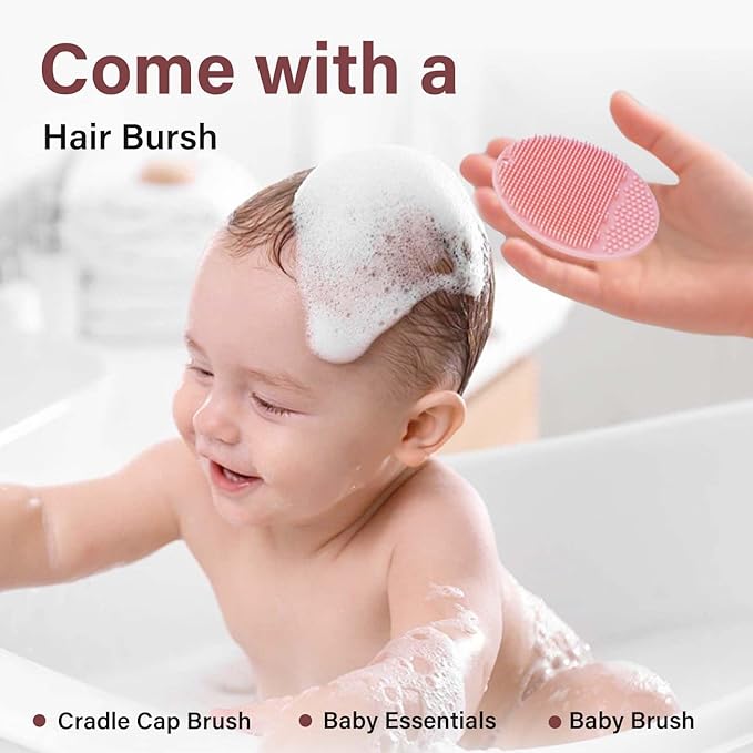 mandoo Baby Bath Rinse Cup - Food Grade Silicone - Shampoo & Body Washing Rinser Cup for Kids with Easy Grip Handle to Rinse Baby Shampoo and Soap - Baby Essentials（Purple+Brush