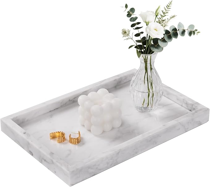 Marble Bathroom Tray for Countertop & Home Decor, Natural Decorative Marble Tray for Jewelry & Perfume Organizer, Luxury Stone Vanity Trays for Dresser, Kitchen Counter, 12" x 8", White