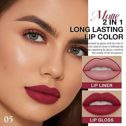 1Pcs 2 in 1 Cherry Frost Red Matte Lip Liner and Liquid Lipstick Stain Makeup Set for women, Red Long Lasting Smudge Proof Lip Tint Matte Finish Lip Gloss for All-Day Color Hold Easy to Use 05#