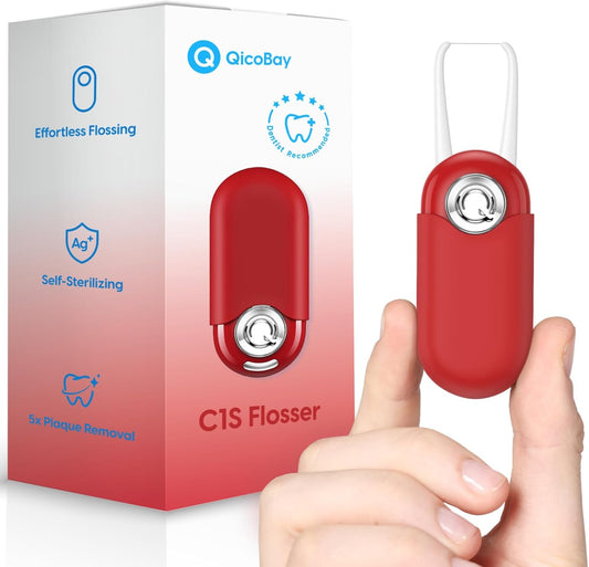 C1S Reusable Flosser Set, Auto-Restringing Flosser with Replaceable Floss Capsule, Multi-Hygiene, Portable Travel Floss, Recyclable Zero Waste, Unflavored (Lava Red)