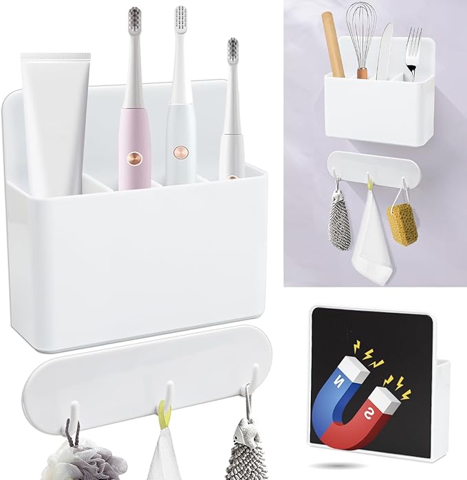 Magnetic Toothbrush Holder with Hook Rack for Cruise Ships, White Wall Mounted Detachable Grid Toothbrush Organizer with Magnetic Hooks, Cruise Bathroom Essentials Travel Accessories