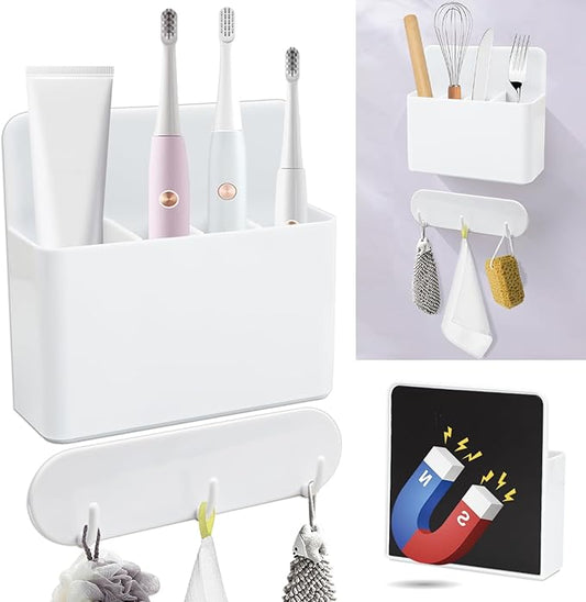 Magnetic Toothbrush Holder with Hook Rack for Cruise Ships, White Wall Mounted Detachable Grid Toothbrush Organizer with Magnetic Hooks, Cruise Bathroom Essentials Travel Accessories