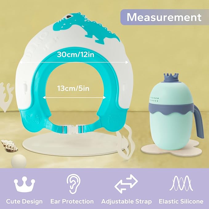 FUNUPUP Baby Shower Cap for Kids with Bath Rinse Cup, Adjustable Toddler Hair Washing Shield Hat Baby Bath Visor Shampoo Hat for Toddlers 6M-9T（Dinosaur Blue)