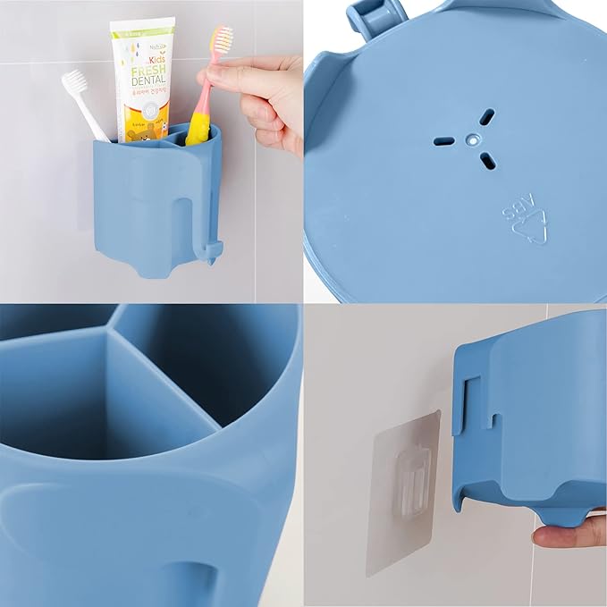 Kids Toothbrush Holder, Cute Elephant Toothbrush Holders for Toddler, Toothbrush Toothpaste Holder for Bathroom, Toothbrush Organizer with 3 Slots and a Hook, Sky Blue