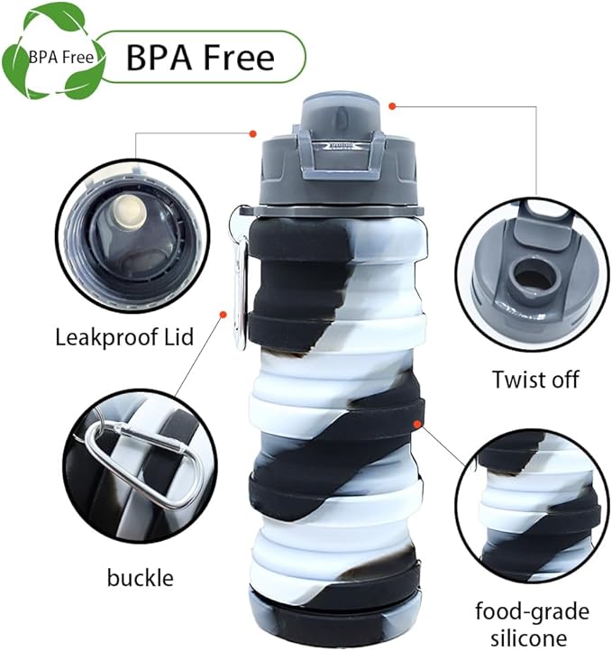 Silicone Collapsible Water Bottles, 16oz Portable Foldable Expandable Water Bottle Sports Cups, Leak Proof Reusable BPA Free, for Outdoor Activities Travel(Black white)