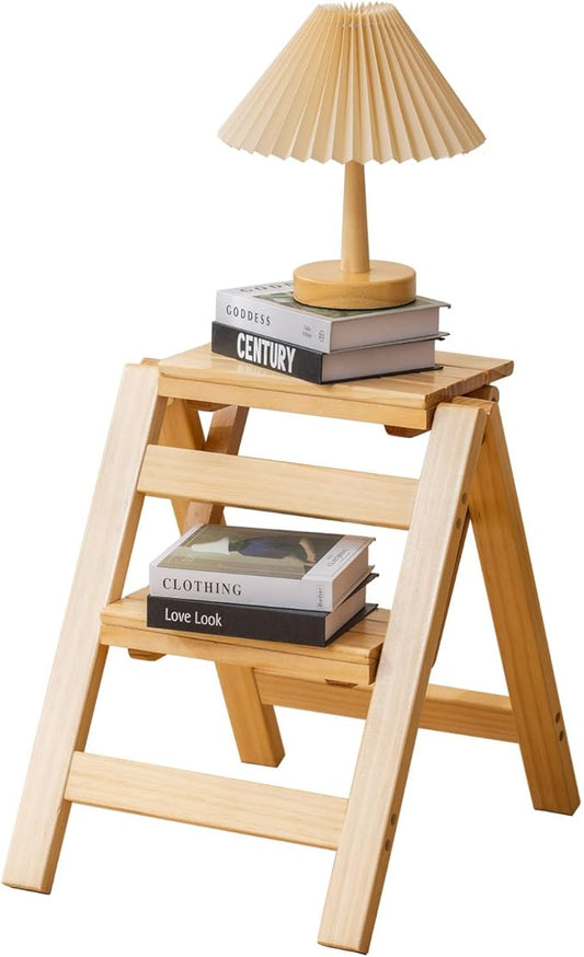 Latifolia Foldable 2 Step Stool, Wooden Step Stool with Floor Saver, Decorative Ladder Shelf for Living Room, Kitchen, Garden(Nature)