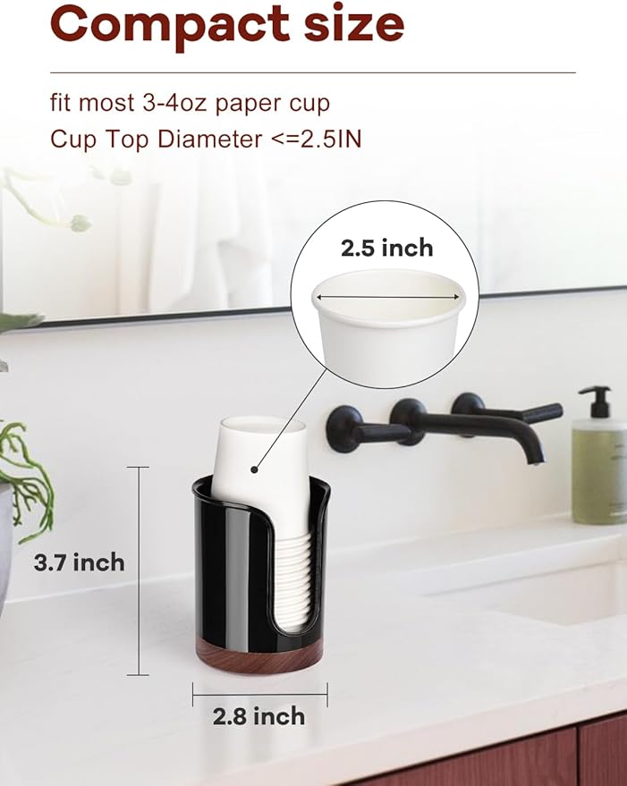Premium Bathroom Cup Dispenser - Compact Cup Holder for Dixie Cups 3 oz Cups, 3 4 Ounce Mouthwash Cup Dispenser - PC/Walnut,Black, Pack of 1