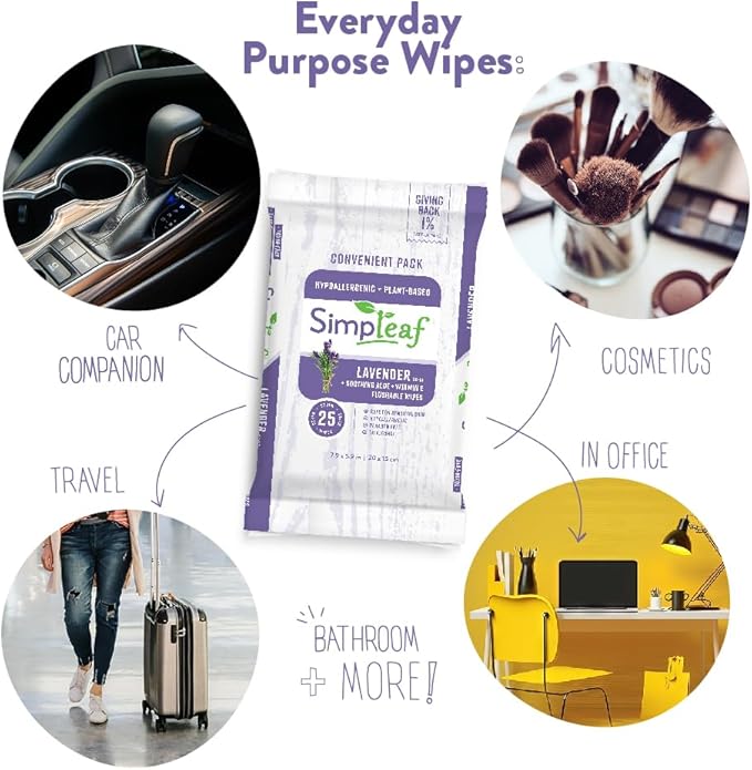 Simpleaf Flushable Wet Wipes Aloe Vera| Eco-Friendly, Paraben & Alcohol Free | Hypoallergenic & Safe for Sensitive Skin | Soothing Aloe Formula | (16 x 25 Counts Convenient Pack) 400 Counts Total