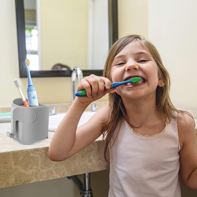 Kids Toothbrush Holder, Cute Elephant Toothbrush Holders for Toddler, Toothbrush Toothpaste Holder for Bathroom, Toothbrush Organizer with 3 Slots and a Hook, Grey