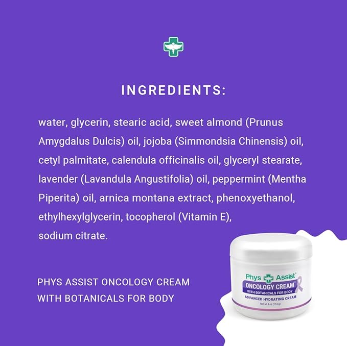 PhysAssist Oncology Cream 4 oz plus Lip Balm. Hydrates and Pampers Stressed skin. Made with a blend of natural Botanicals. Clinically Tested, Non Irritant.