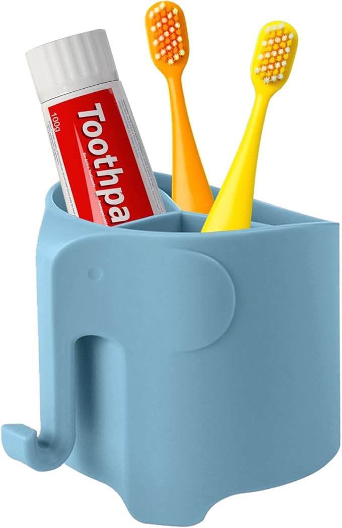 RyanLemon Elephant Toothbrush Holder for Toddler, Suction Cup Cute Toothbrush Holder for Kids, for Bathroom, with 3 Slots and 1 Hook, Blue