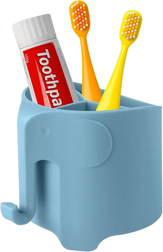 RyanLemon Elephant Toothbrush Holder for Toddler, Suction Cup Cute Toothbrush Holder for Kids, for Bathroom, with 3 Slots and 1 Hook, Blue