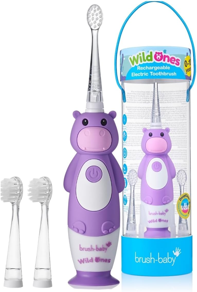 BrushBaby - WildOnes - Kids Rechargeable Electric Toothbrush, Ages 0-10 - Holly Hippo Design with Flashing Lights - DeepClean Bristles for Superior Cleaning - 2 Replacement Brush Heads, 1 USB Cable