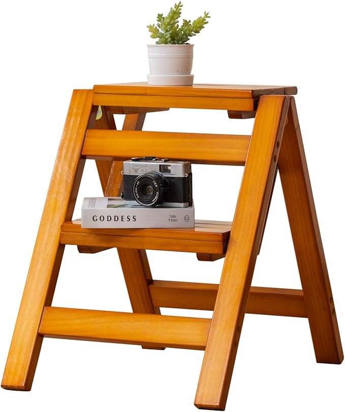 Latifolia Foldable 2 Step Stool, Wooden Step Stool with Floor Saver, Decorative Ladder Shelf for Living Room, Kitchen, Garden(Walnut)