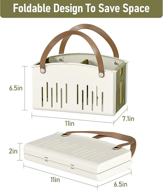 Delamu Portable Shower Basket Caddy with Double Handle Foldable Dry Wet Separation Design 11.0 × 7.1 × 6.5in, Travel, Camping, Gym, College Bathroom Tote, WhiteGreen, Ideal Christmas Gifts for Girls