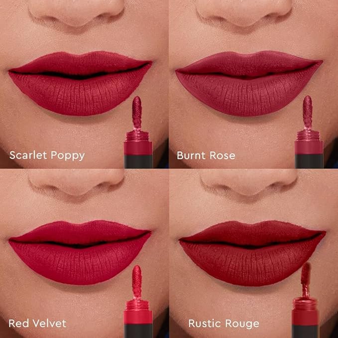 KIRO Four Play Non-Stop Airy Matte Liquid Lip Stack – Dominant Red | 4 Nude Lipstick Shades | Long-Lasting, Transfer-Proof, Hydrating, Lightweight | Infused with Avocado & Apricot Oils | 6ml