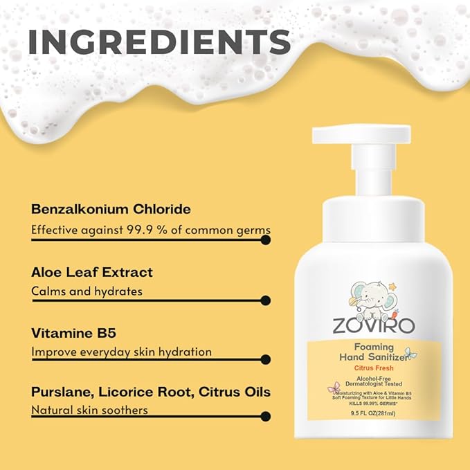 Zoviro Foaming Hand Sanitizer, 9.5oz Pump Bottle, Alcohol-Free, Citrus Fresh Scent, Moisturizing with Aloe, Non-sticky, No Rinse (PACK OF 4)