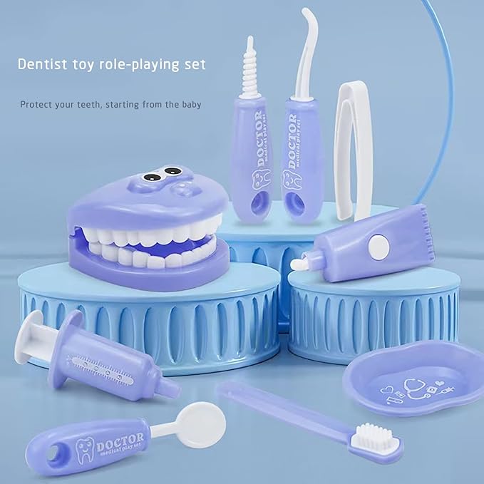 Dental Early Education Brushing Toys, 9Pcs/Set Children Role Play Toy Crocodile Early Education Cartoon Tooth Brushing Model Preschool Education Toy Dentist Game for Kids Classroom Blue