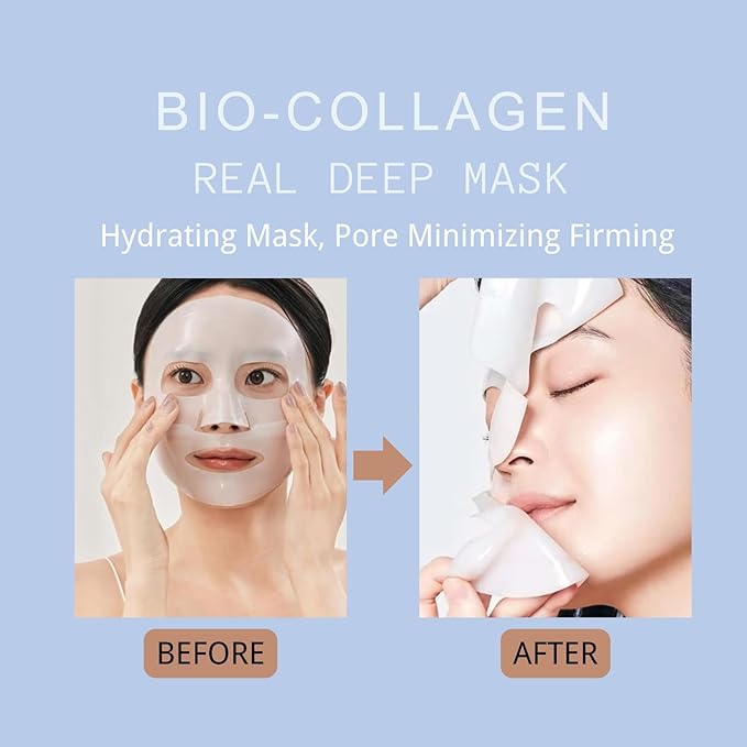 Bio-Collagen Real Deep Mask, Overnight Hydrating Mask, Pore Minimizing, Firming, Yeast Extract, Low Molecular Hyaluronic Acid Solution, Low Molecular Collagen, 28g, 4ea (With nasolabial fold patches)