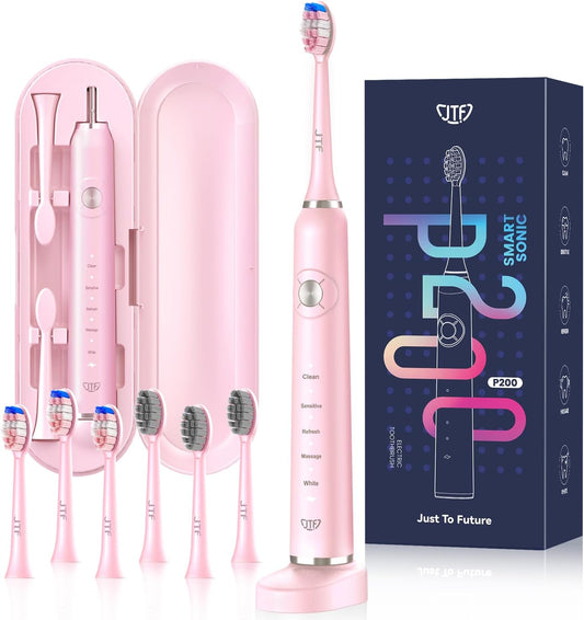 JTF Sonic Electric Toothbrush - with Travel Case and 6 Brush Heads, Fast Charging toothbrushes for 60 Days Long Lasting, 5 Modes Power Toothbrush for Women, Pink