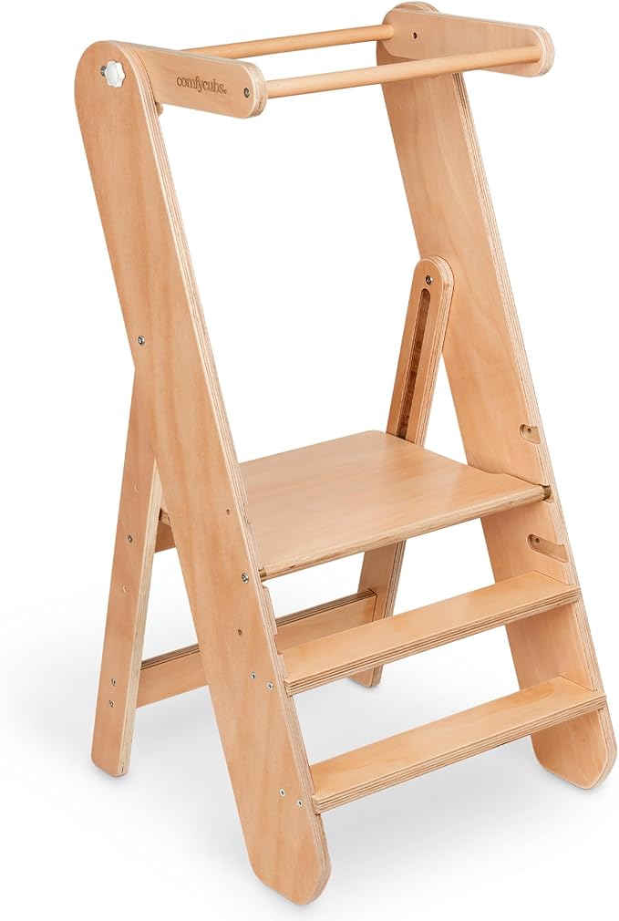 Comfy Cubs Kids Step Stool for Ages 3+, 3 Height Adjustable Toddler Tower, Montessori Furniture Designed in The US - Toddler Standing Tower for Kitchen Sink & Bathroom Access - Natural Wood