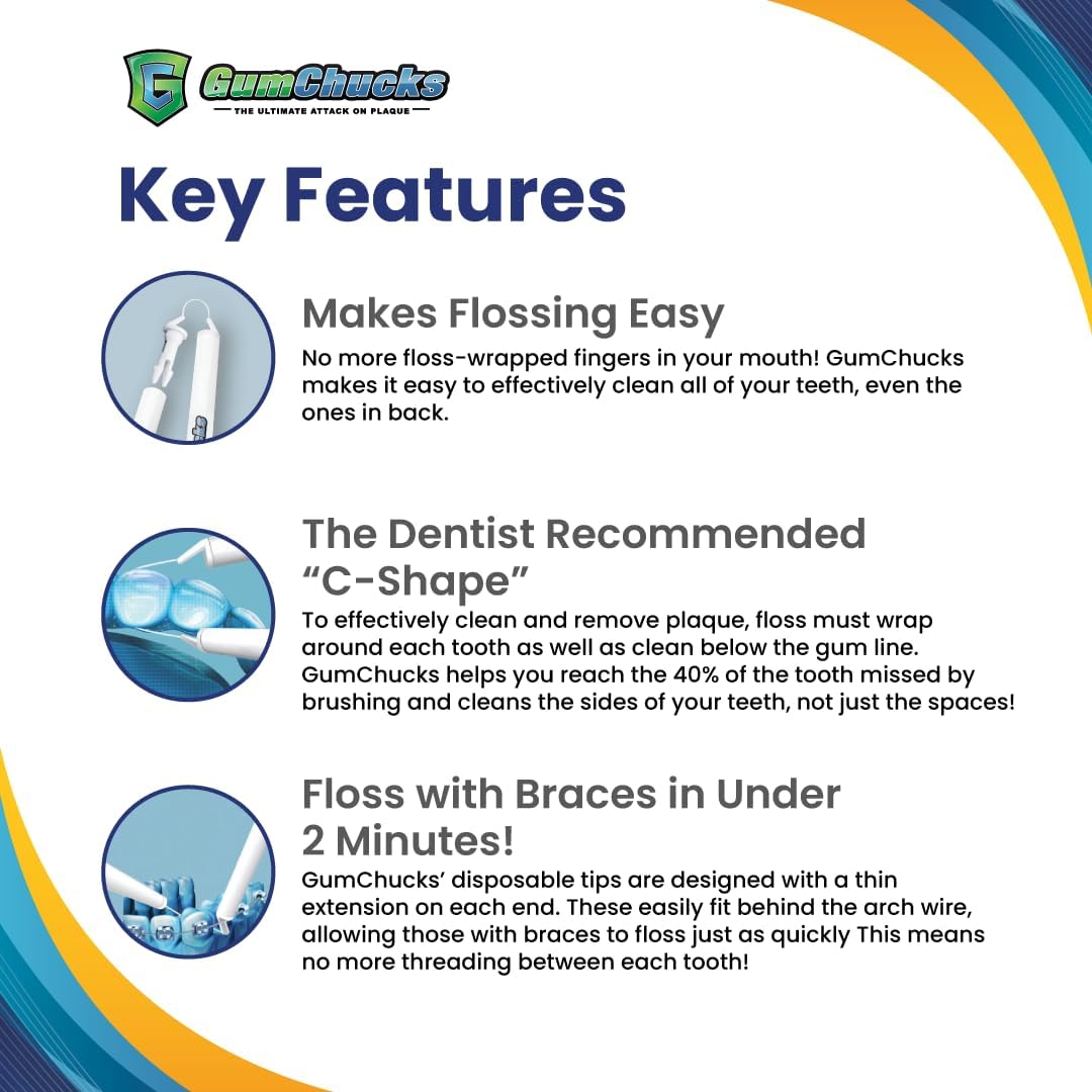 GumChucks Orthodontic Flossers Dental Floss - Floss for Braces - Brace Floss Picks - Gum Flossing Picks - Ortho Dental Flossers (Adult Starter Pack Bundle)
