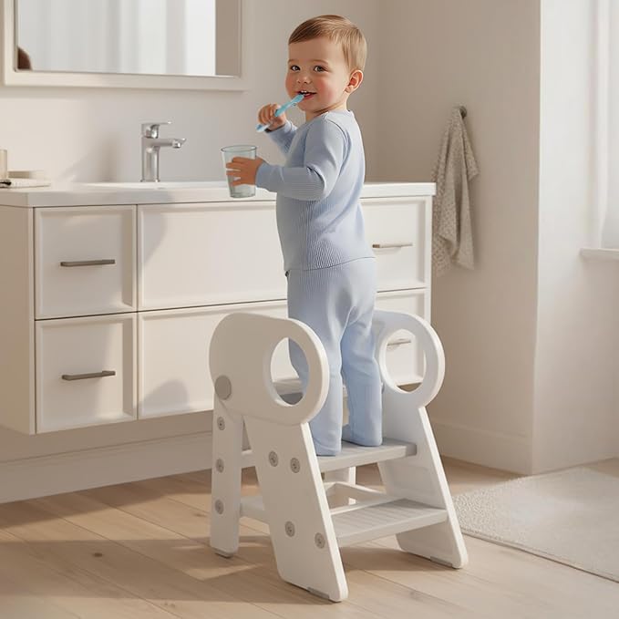Foldable Step Stool for Toddlers, Adjustable 3 Step Stool for Bathroom Sink, Toilet Potty Training Stool with Handles, Child Kitchen Counter Bedroom Bed Stool Helper