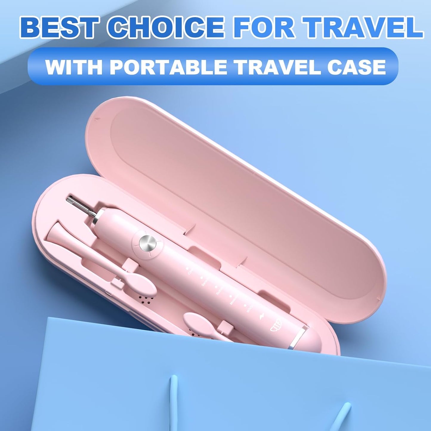 JTF Sonic Electric Toothbrush - with Travel Case and 6 Brush Heads, Fast Charging toothbrushes for 60 Days Long Lasting, 5 Modes Power Toothbrush for Women, Pink